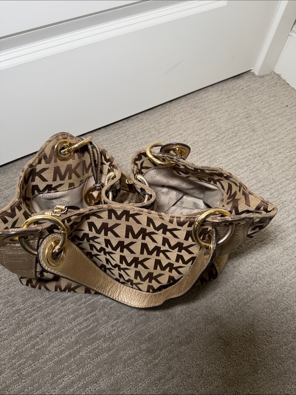 Michael Kors Brown/Tan MK Logo Drawstring Shoulder Bag - Picture 6 of 12